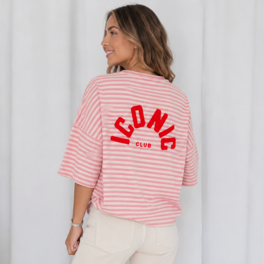Iconic Club Pink & Cream Stripe Oversized Cotton T-Shirt