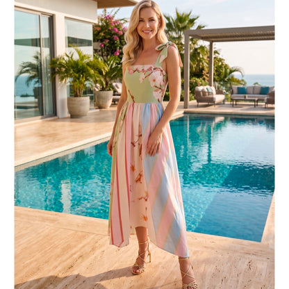 Pastel Blossom Tie-Shoulder Midi Dress