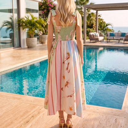 Pastel Blossom Tie-Shoulder Midi Dress