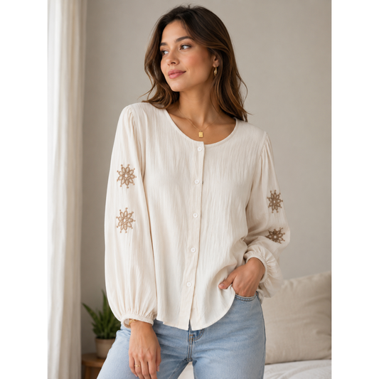 Beige Embroidery Sleeved Shirt