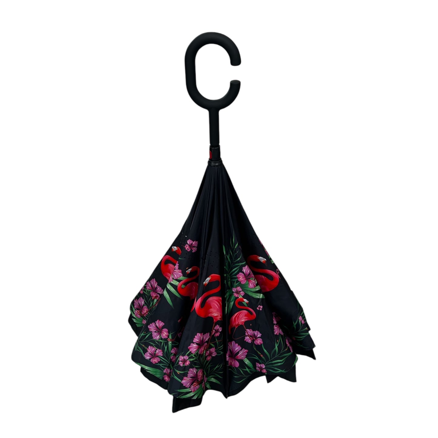 Tropical Flamingo Upside Down Umbrella Black