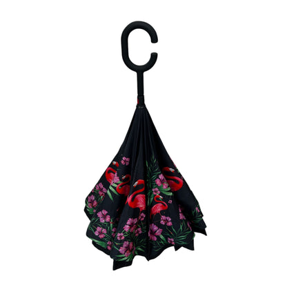 Tropical Flamingo Upside Down Umbrella Black
