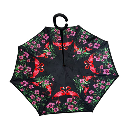 Tropical Flamingo Upside Down Umbrella Black