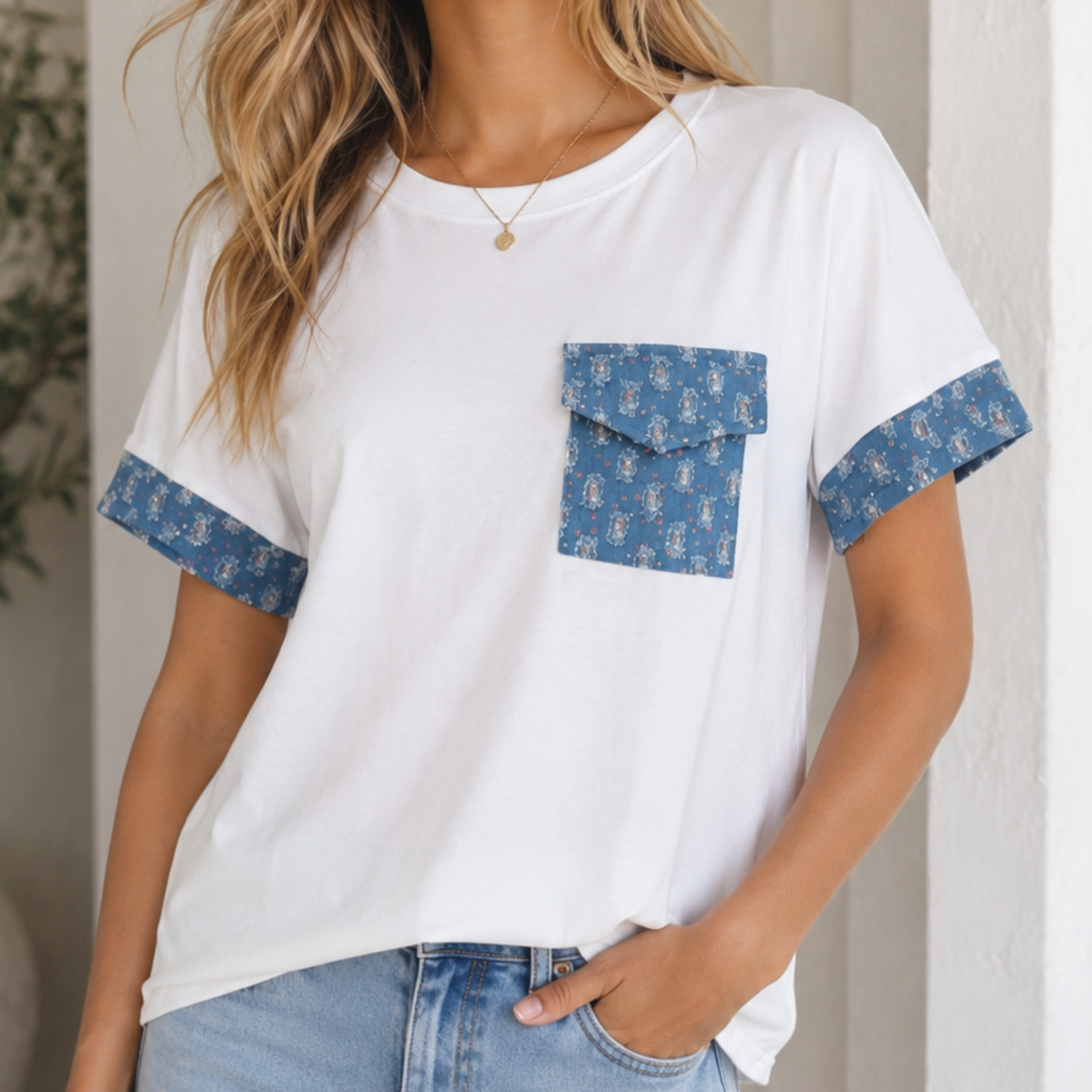 White & Denim Pocket Detail T-Shirt Sparkles