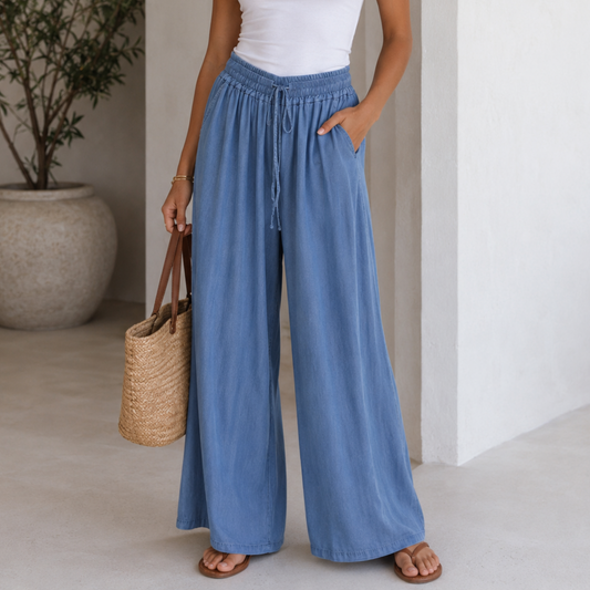 Denim Blue Elasticated Wide Leg Trousers