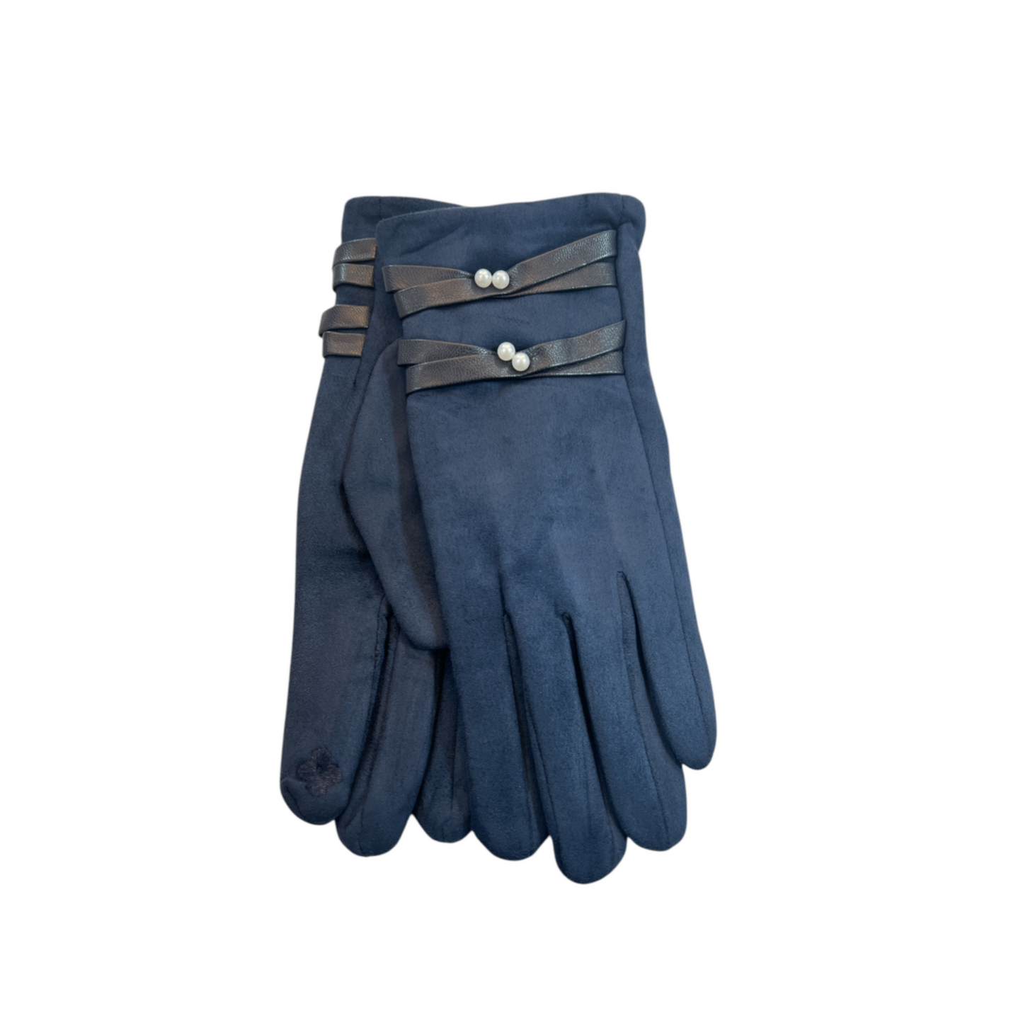 Navy Suedette Gloves Pearl Detail