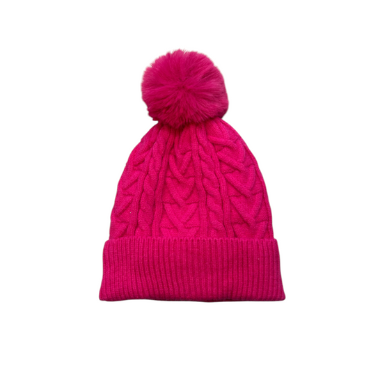 Fuschia Pink Fleece Lined Bobble Hat