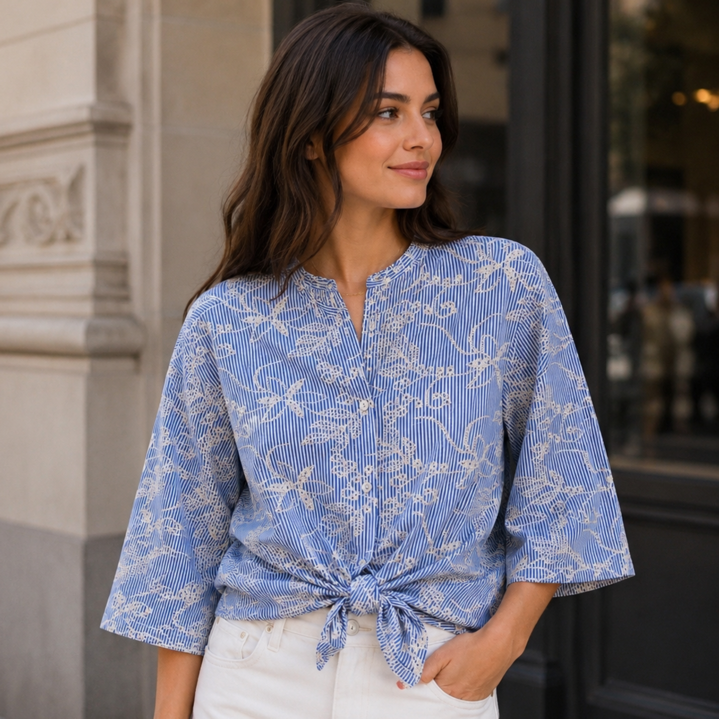 Blue & White Embroidered Stripe  Shirt