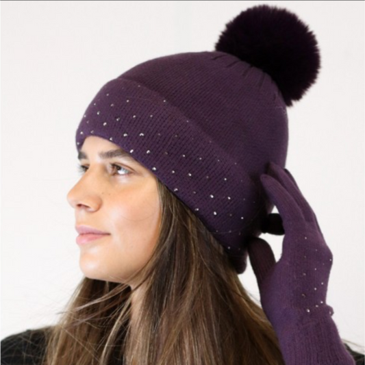 POM Aubergine Bobble Hat Crystal Detail