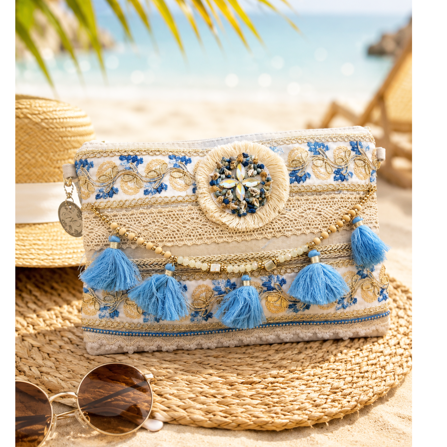Tassel Embellished Boho Clutch Bag Cream & Blue