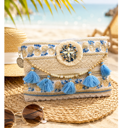 Tassel Embellished Boho Clutch Bag Cream & Blue