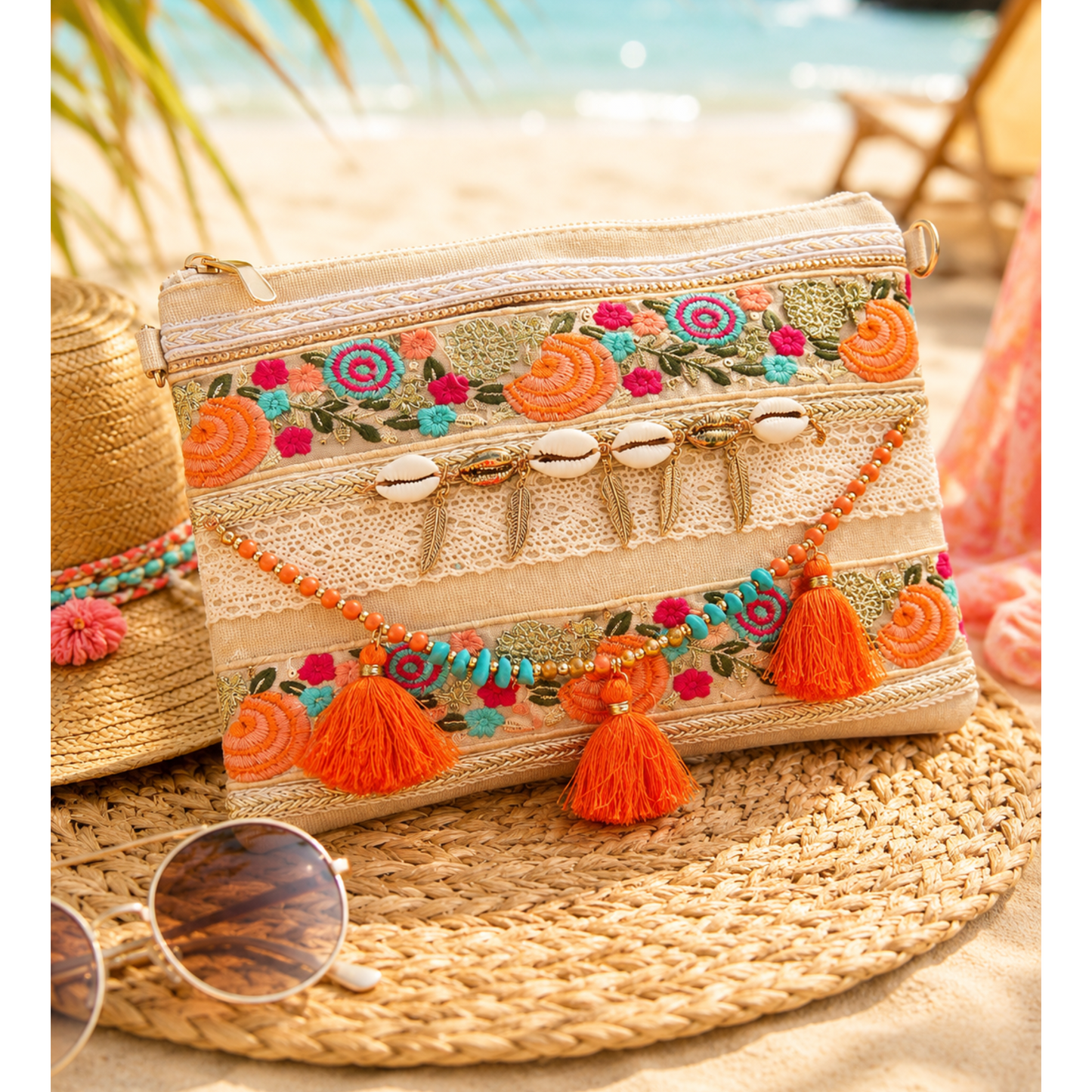 Boho Tassel Clutch Bag Cream & Orange