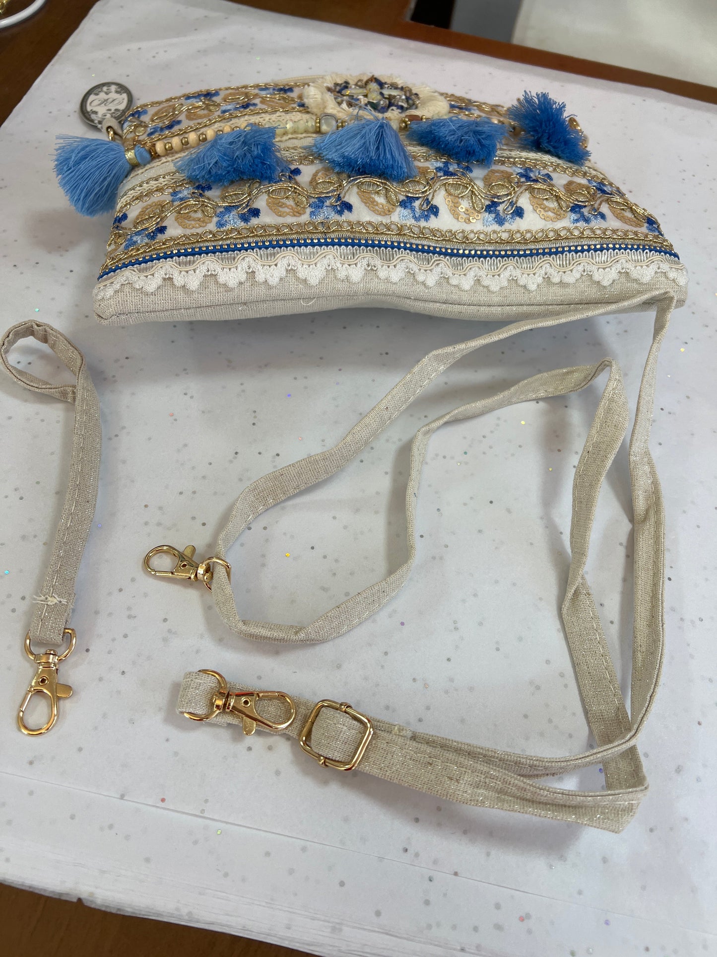 Tassel Embellished Boho Clutch Bag Cream & Blue