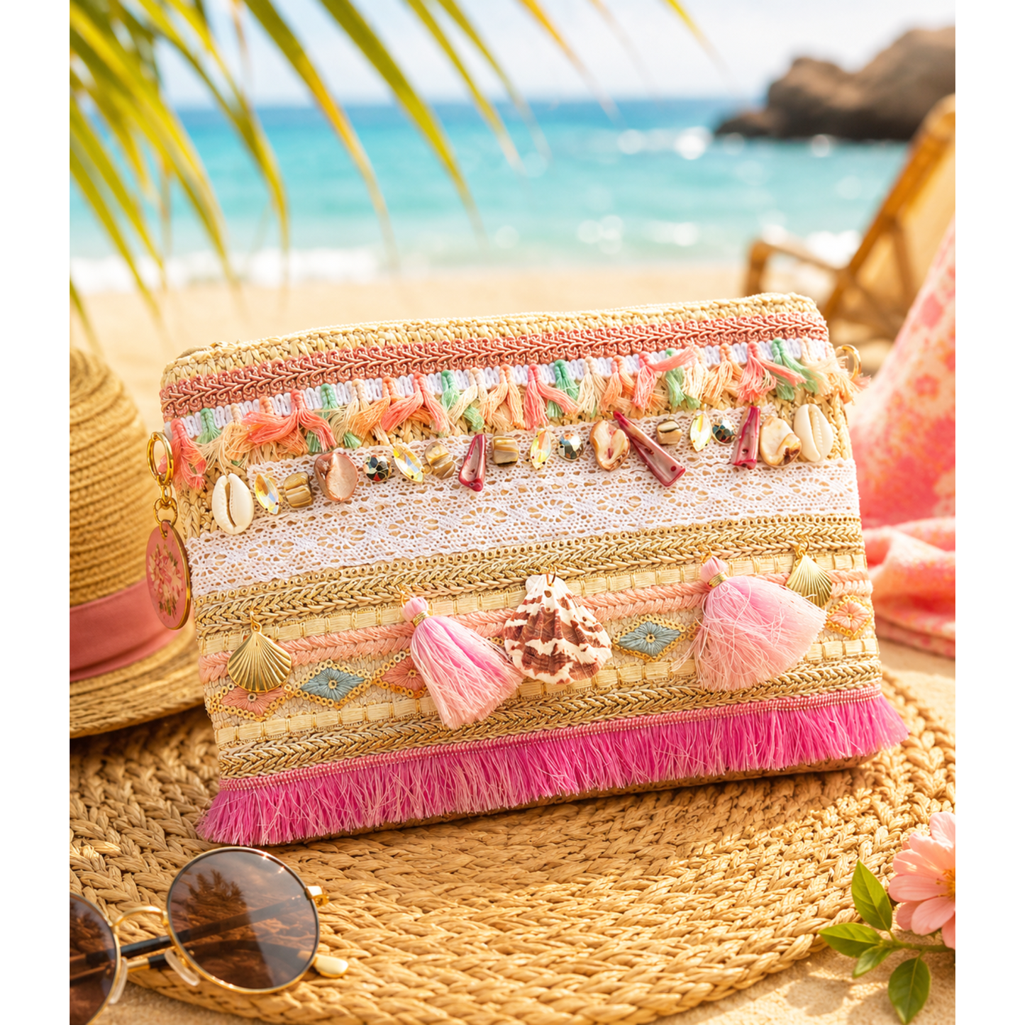 Boho Shell & Tassel Clutch Bag Cream & Pink