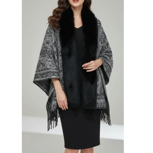 Black & Grey Paisley Wrap Black Fur Trim