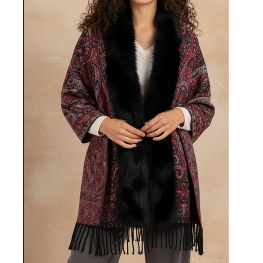 Wine & Black Paisley Wrap Black Fur Trim