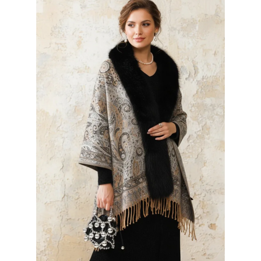 Beige & Black Paisley Cape Black Fur Trim