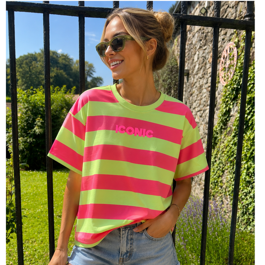 Neon Iconic Stripe Tee – Coral & Lime Statement Top