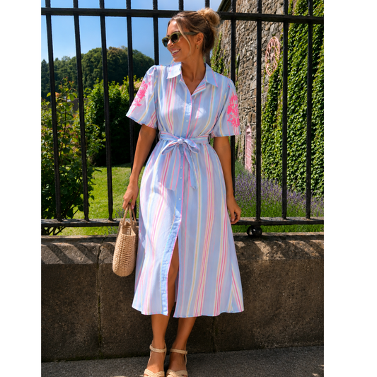 Pastel Stripe Shirt Midi Dress with Tie Belt