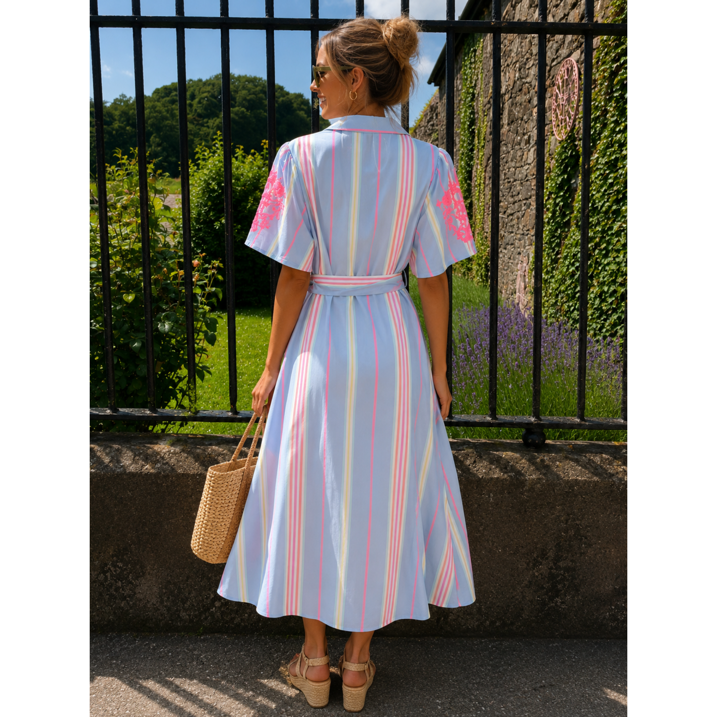 Pastel Stripe Shirt Midi Dress with Tie Belt