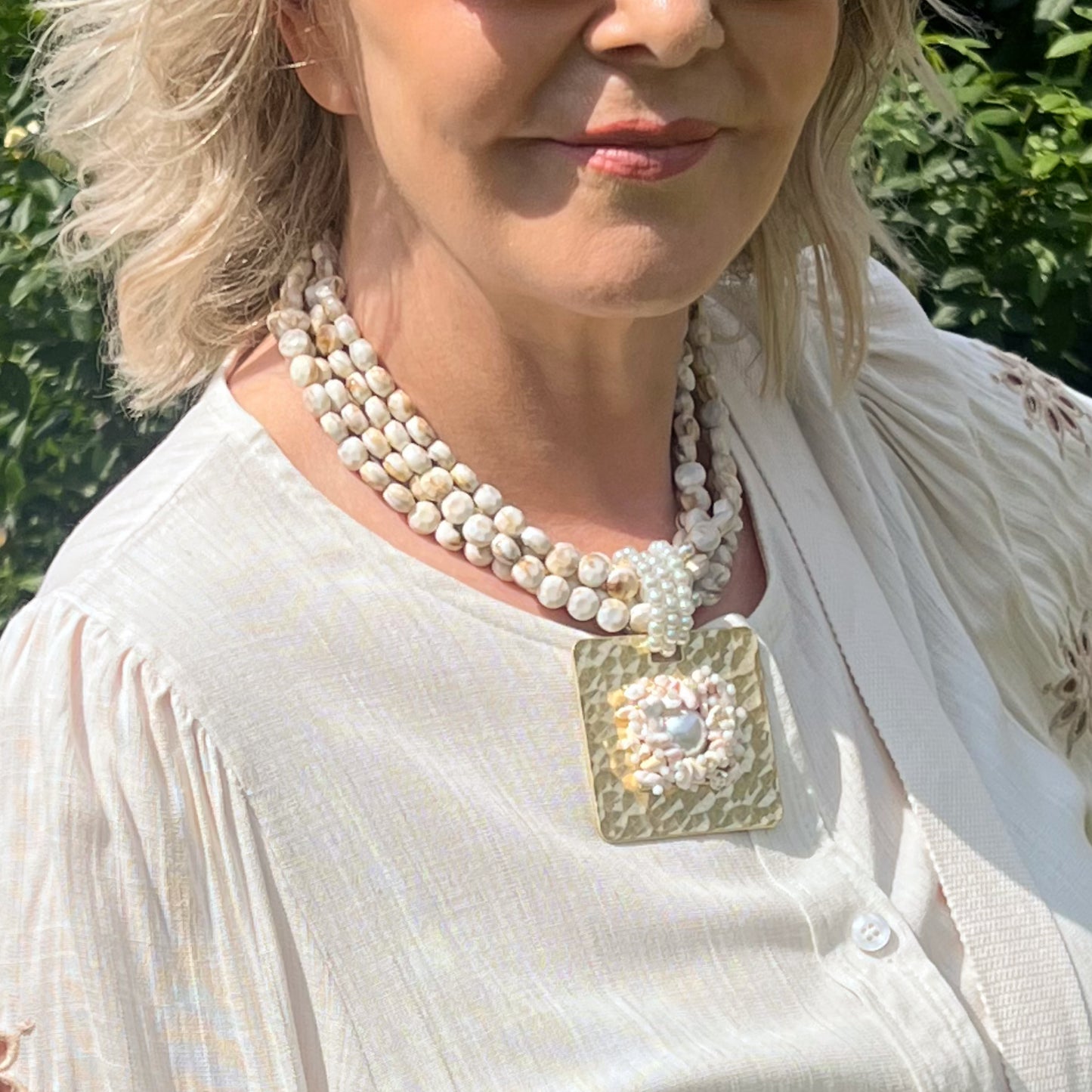 Beige & Gold Square Pendant Statement Necklace