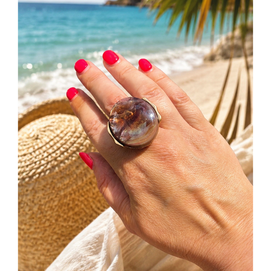 Brown Marbled & Gold Elasticated Statement Ring