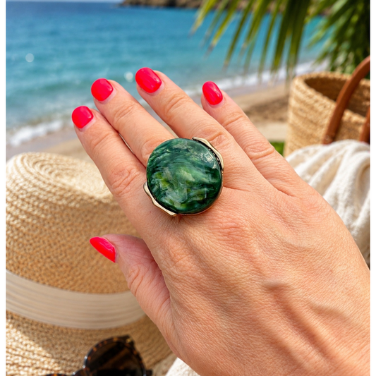Emerald & Gold Elasticated Statement Ring