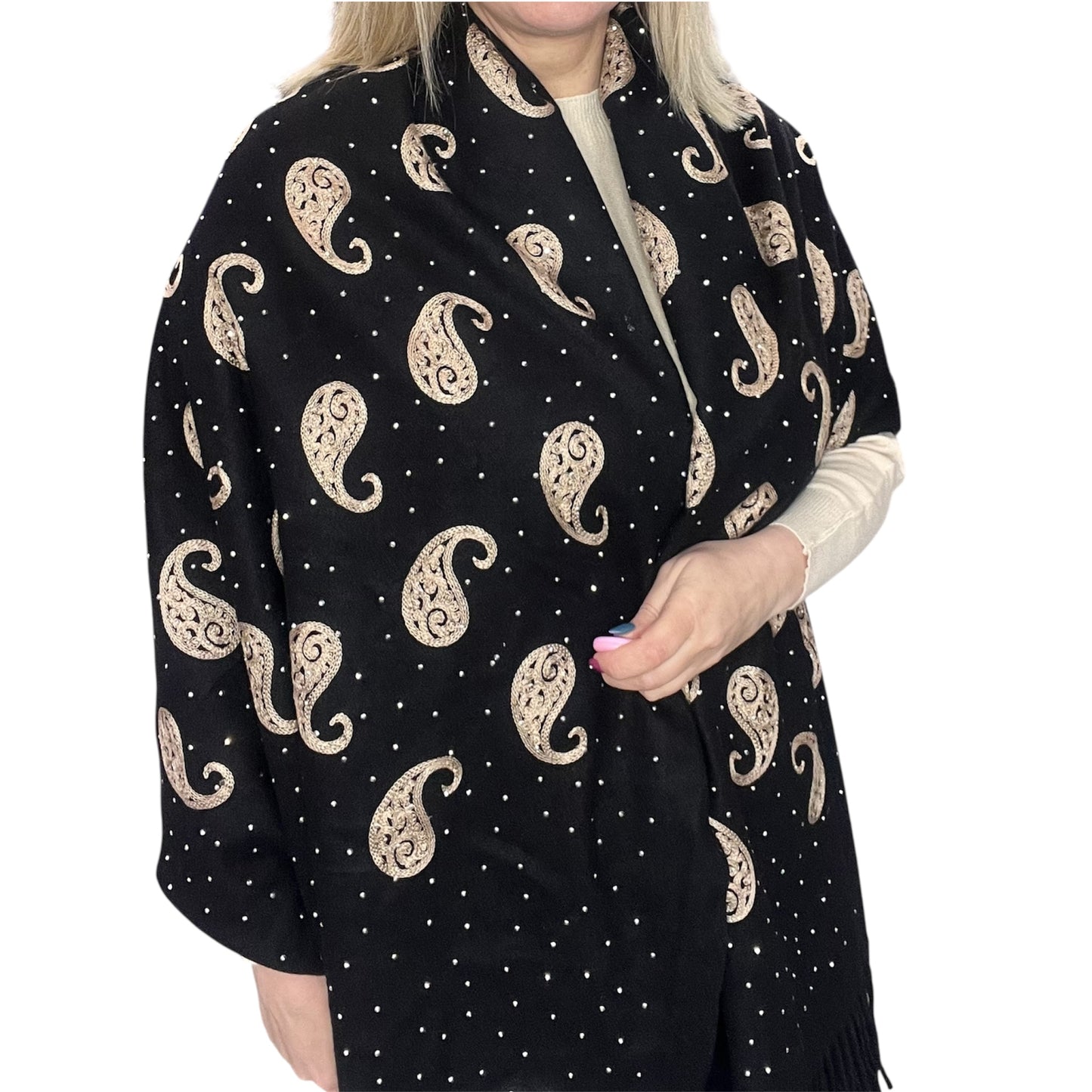 Black Pashmina Embroidered Design & Crystals