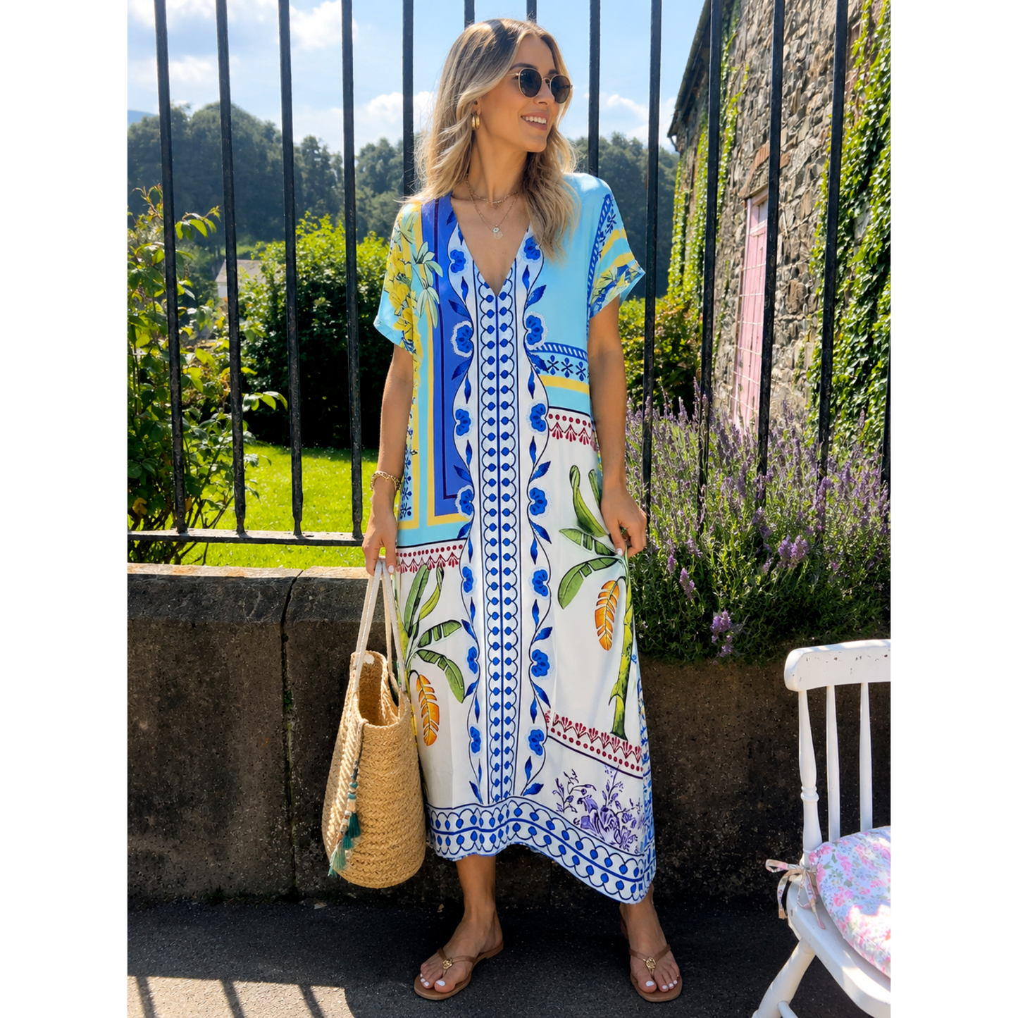 Mediterranean Floral Crystal Embellished Maxi Dress