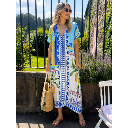 Mediterranean Floral Crystal Embellished Maxi Dress