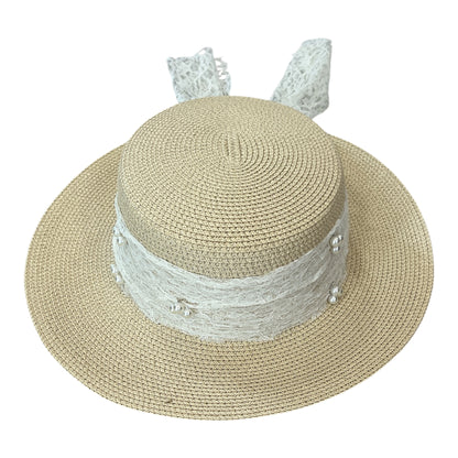 Natural Straw Hat Cream Lace & Pearl Bow