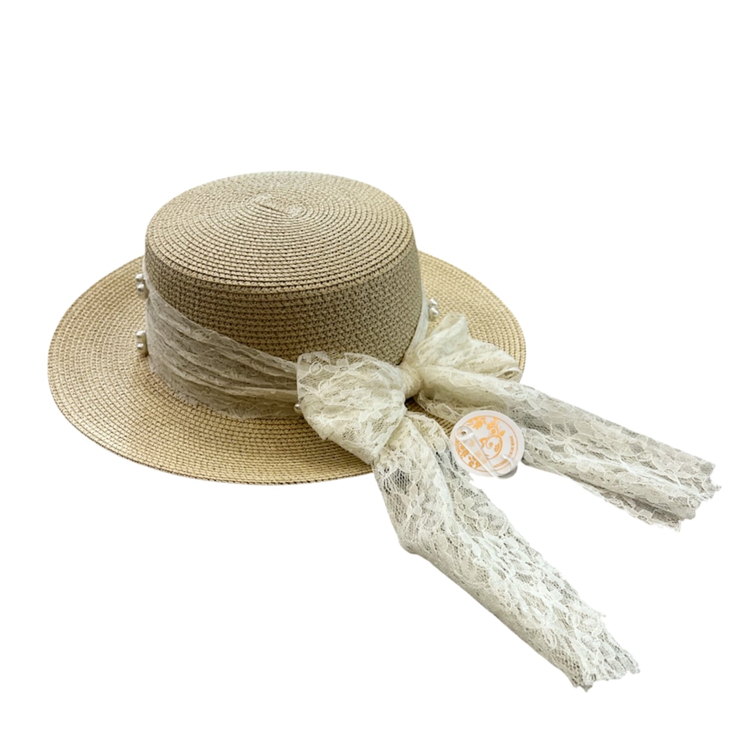 Natural Straw Hat Cream Lace & Pearl Bow
