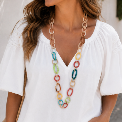 Multicoloured Resin Hoops & Gold Long Necklace