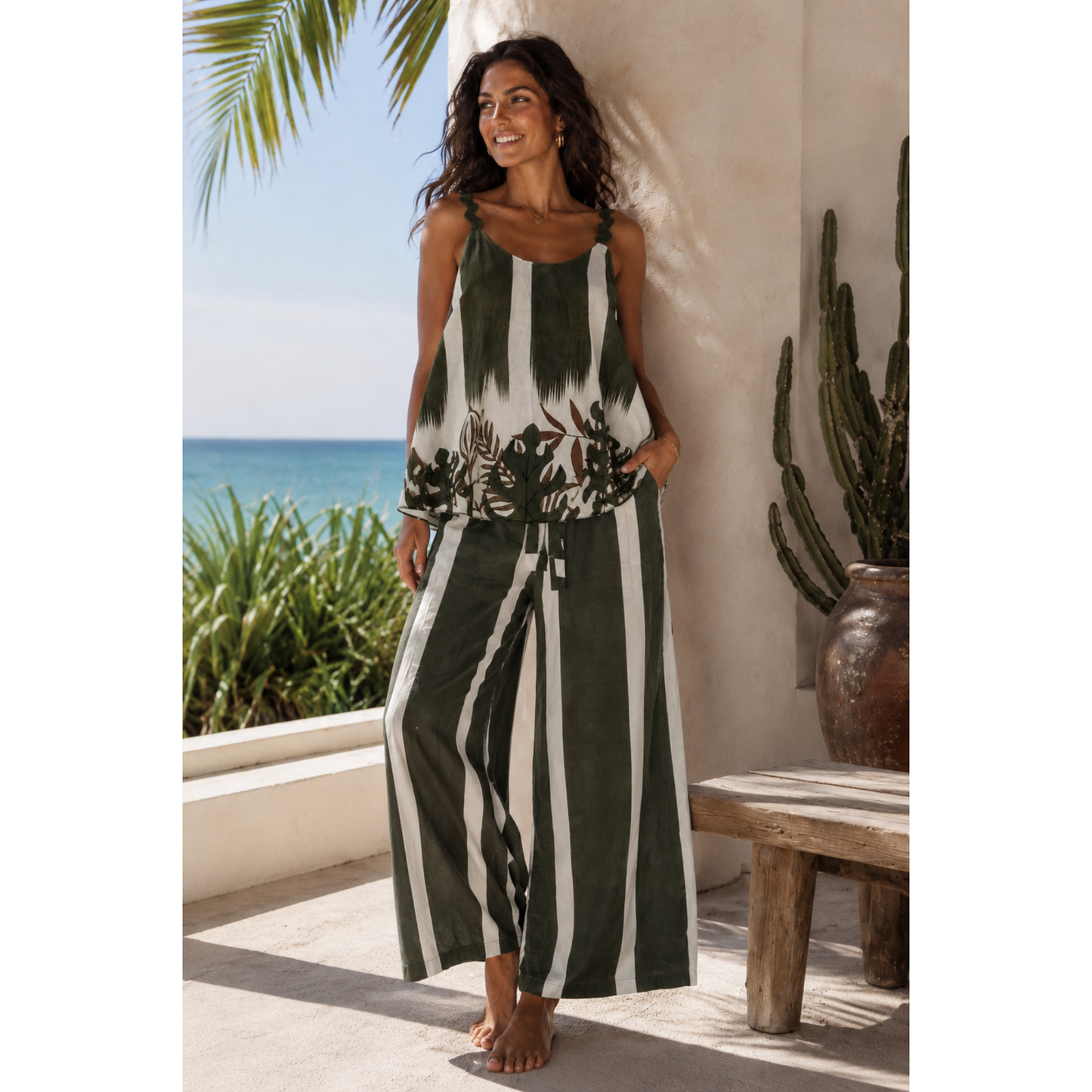 Palm Print Co-Ord Set – Khaki & Cream