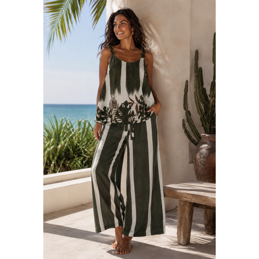 Palm Print Co-Ord Set – Khaki & Cream