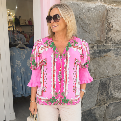 Crystal Detail Pink Print Button Front Blouse