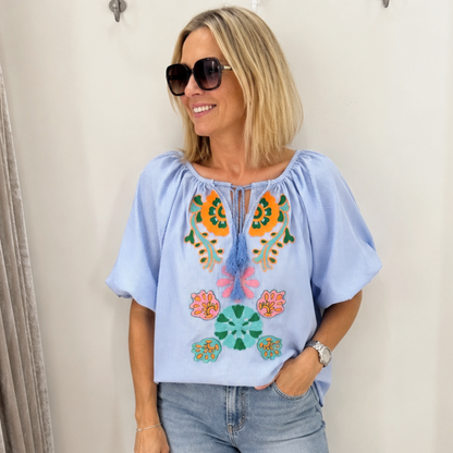Sky Blue Stripe Embroidered Puff Sleeve Blouse