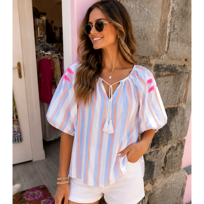 Neon Stripe Tassel Blouse – Blue & Coral