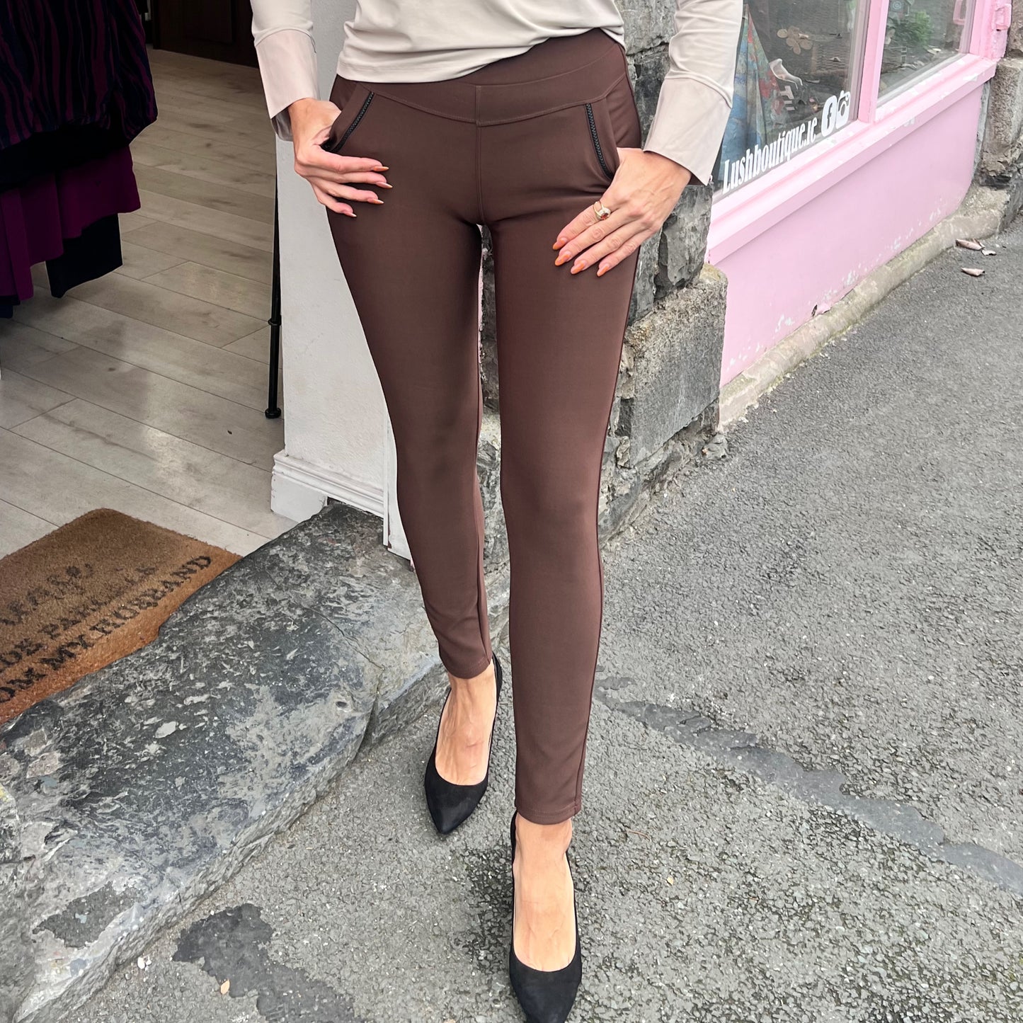 High Waist Double Band Jeggings Chocolate Brown