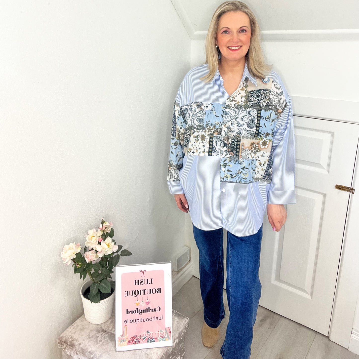 Ita Blue & White Pinstripe & Floral Shirt