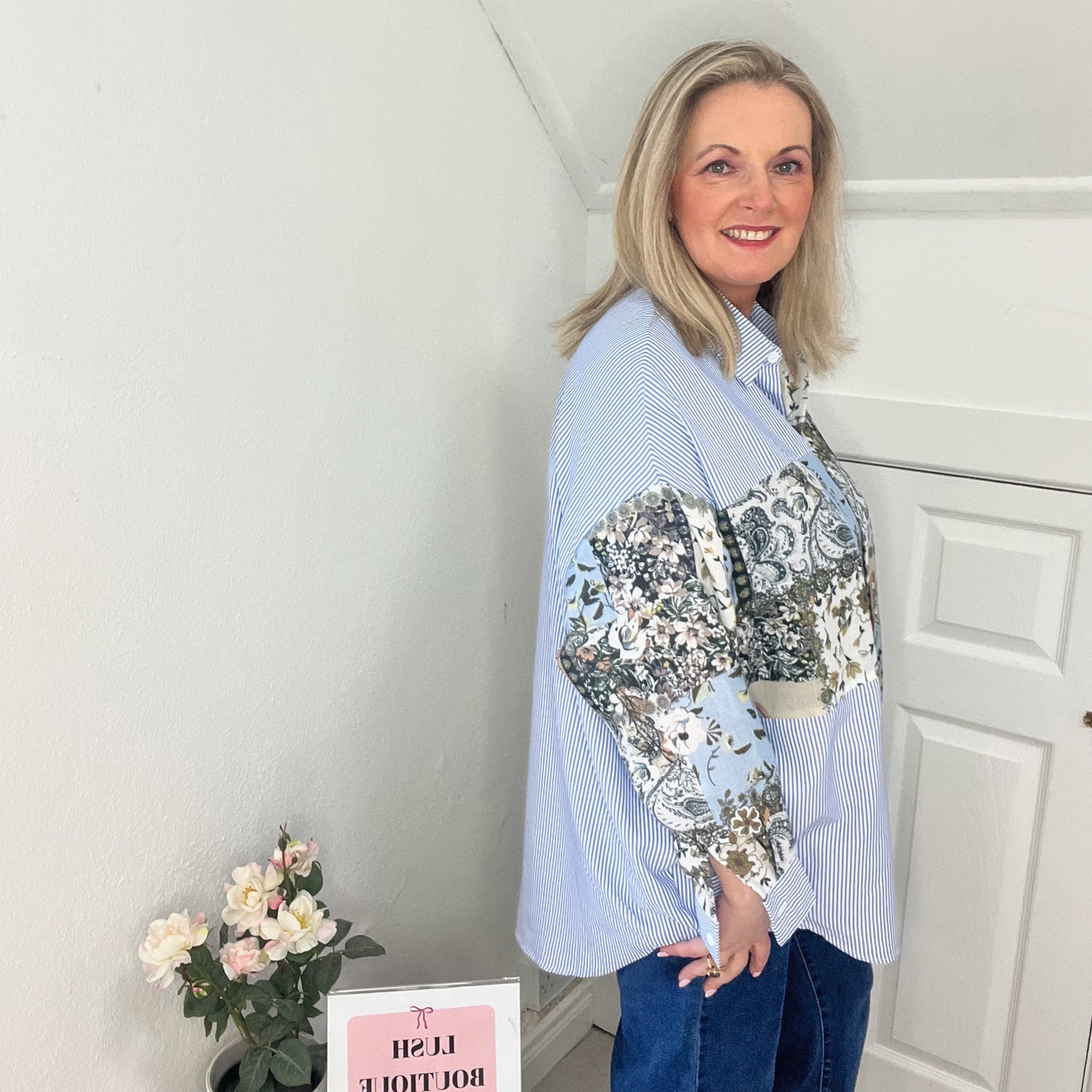 Ita Blue & White Pinstripe & Floral Shirt