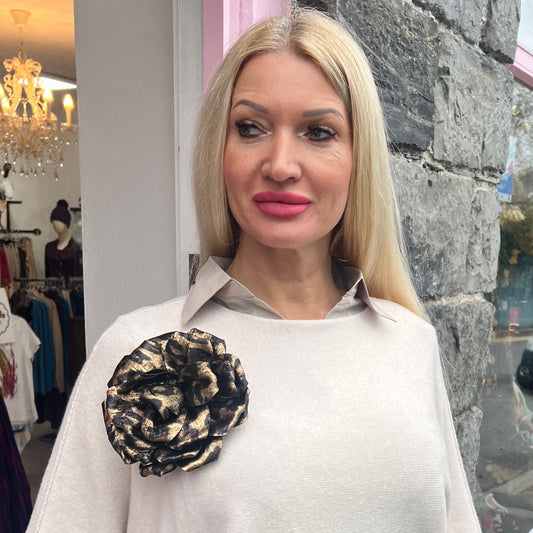 Metallic Rosette Brooch Gold & Black Animal Print
