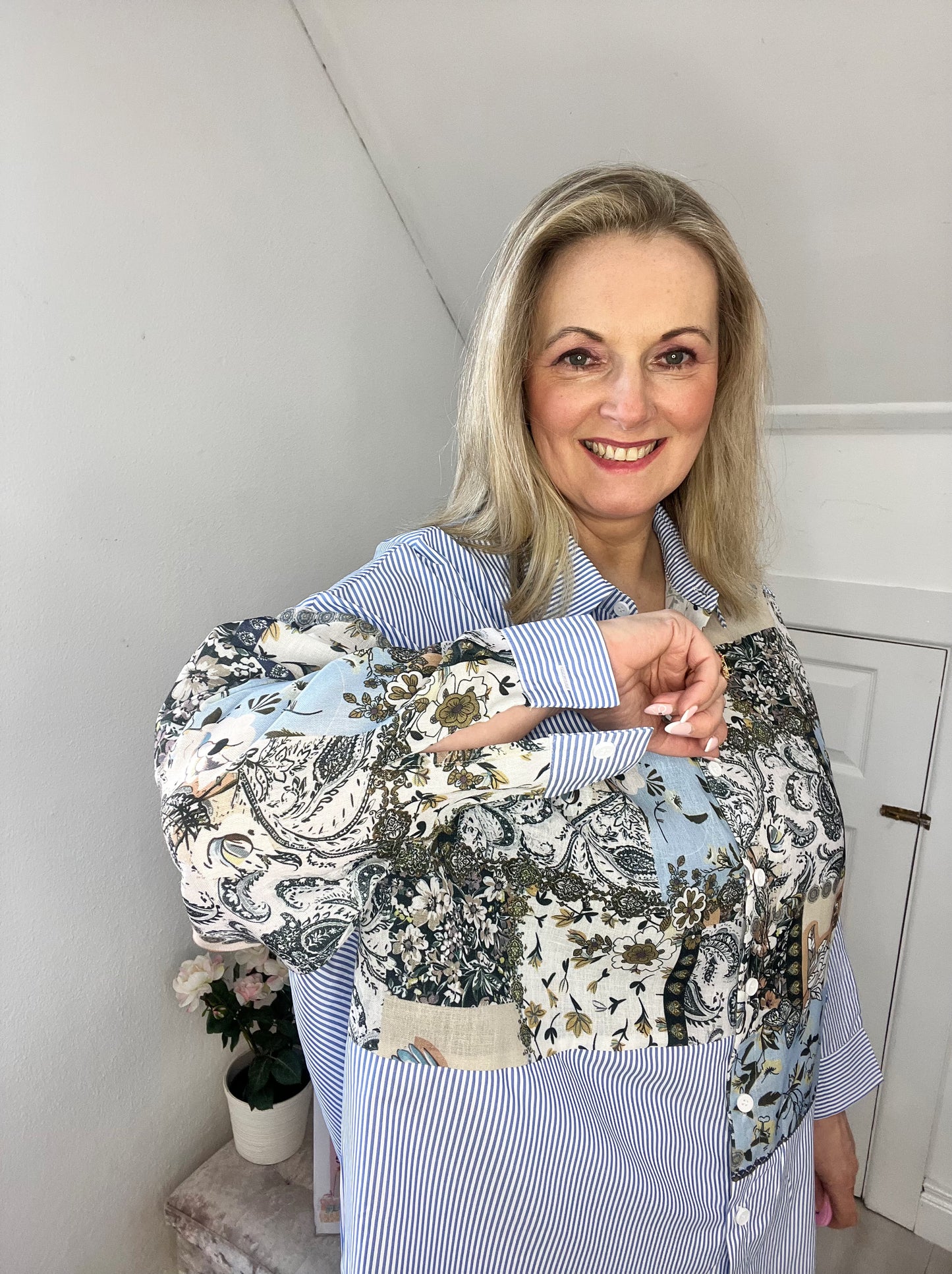 Ita Blue & White Pinstripe & Floral Shirt