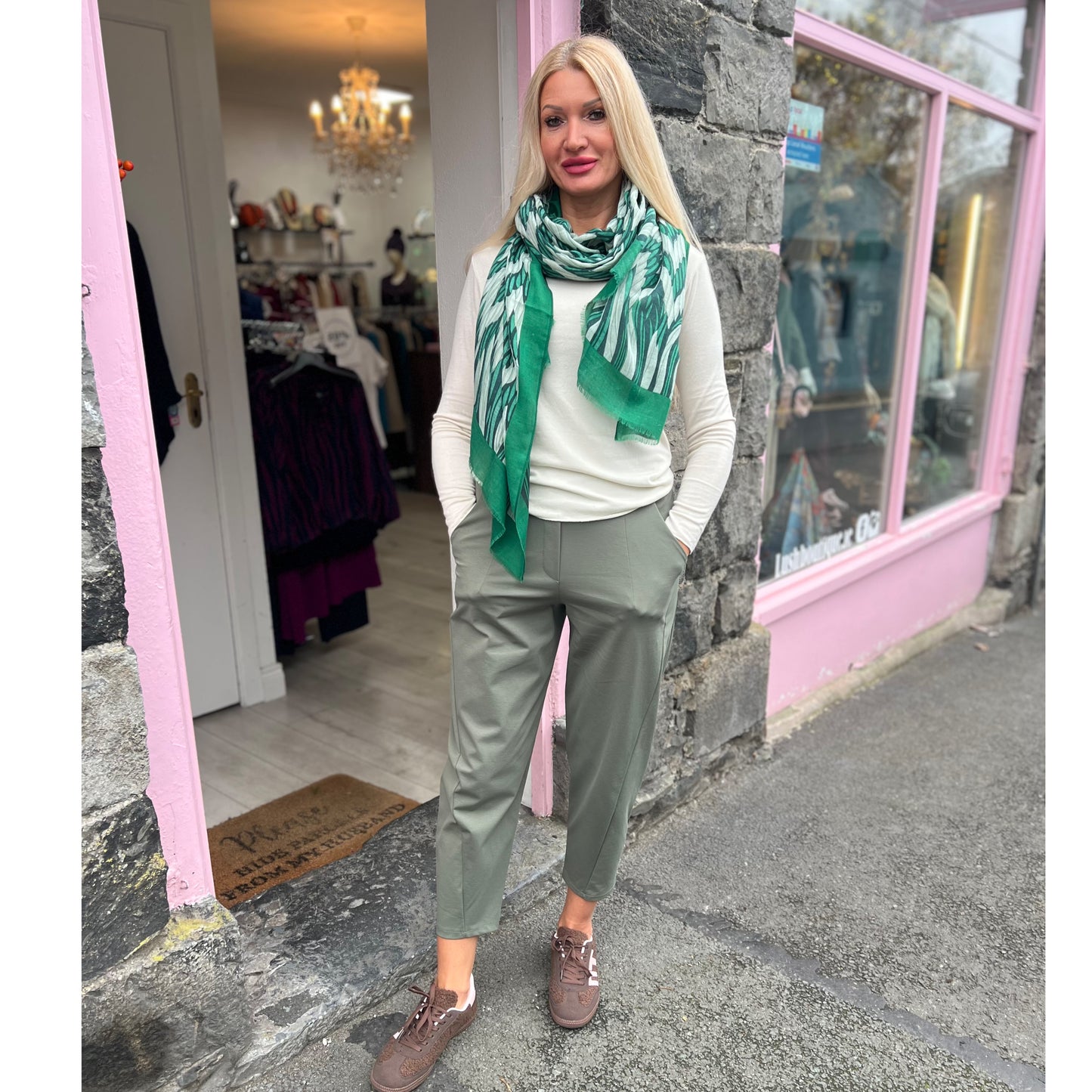 Green Cream Black Patterned Scarf