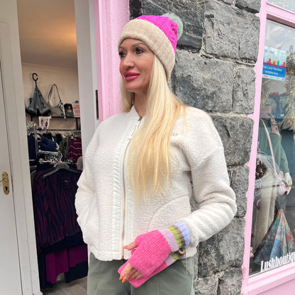 POM Fingerless Gloves Pink & Green Mix