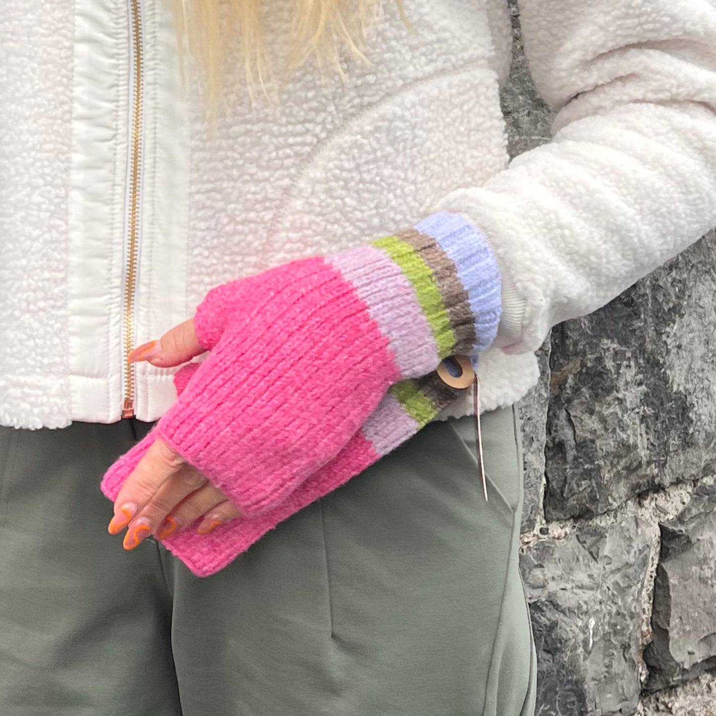 POM Fingerless Gloves Pink & Green Mix