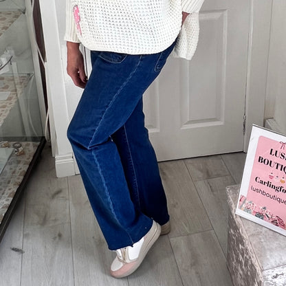 Tamara Blue Denim Wide Leg Jeans Fray Hem