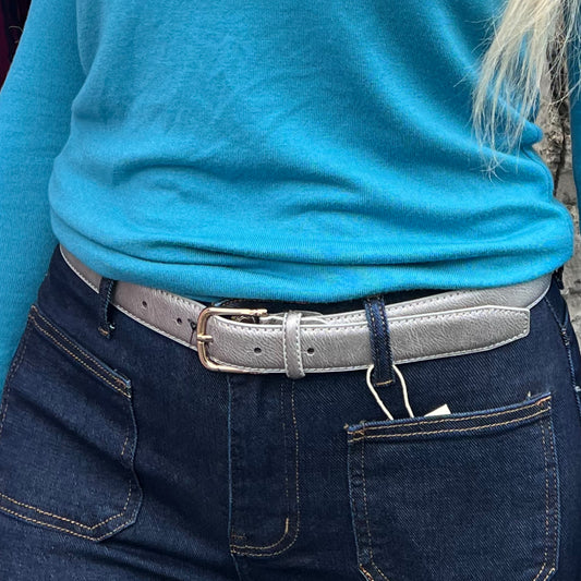 Pewter Leatherette Belt Gold Buckle