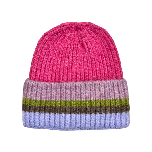 POM Knit Hat Pink Lilac Green Stripe
