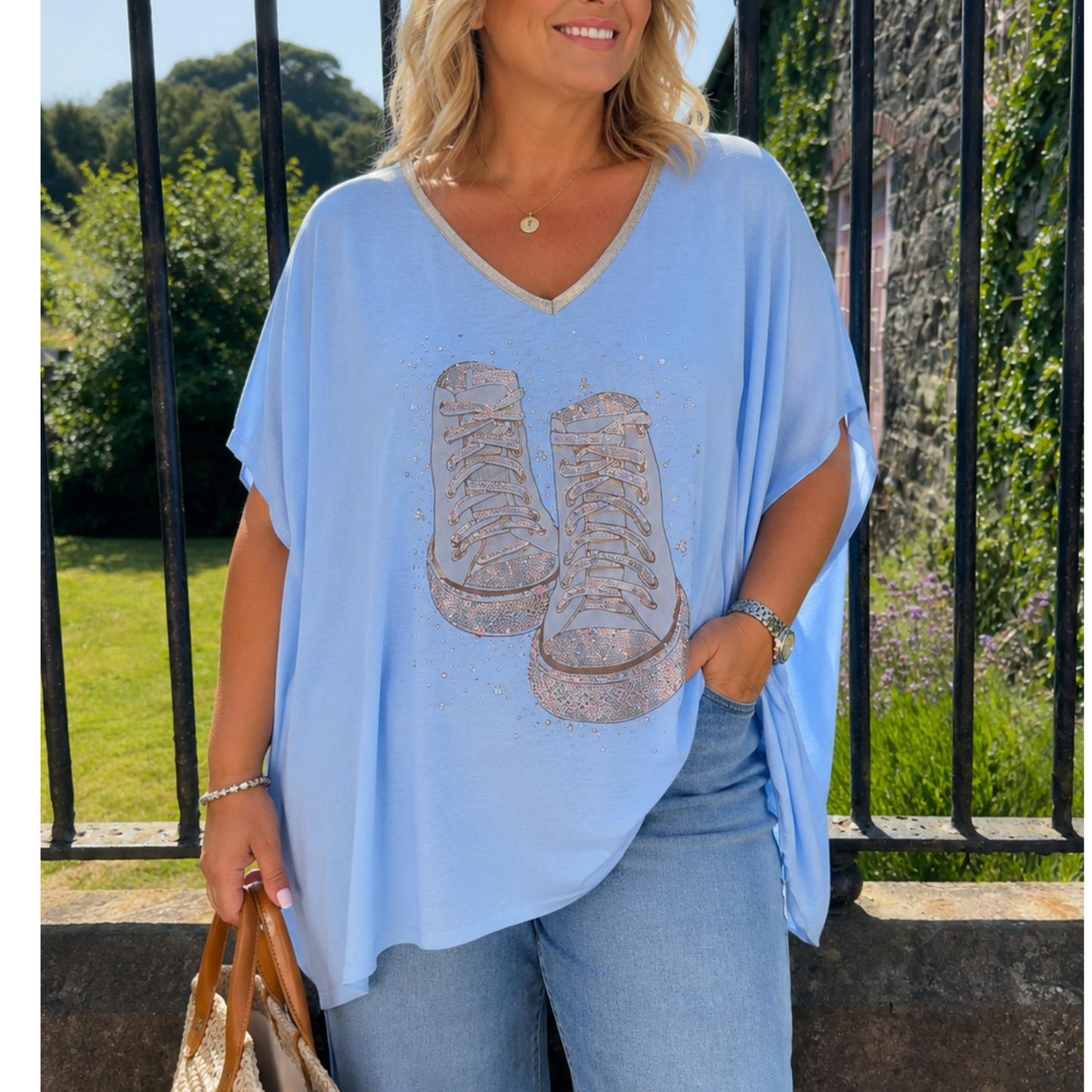 Sky Blue Sparkle Sneaker Oversized Top